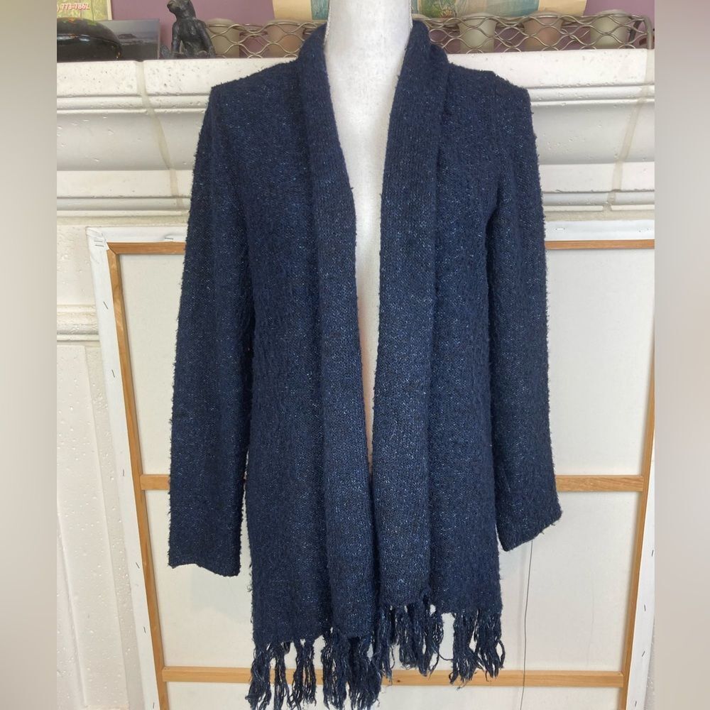 Chico's Deep Blue & Black Open Cardigan with Fringe Oversized